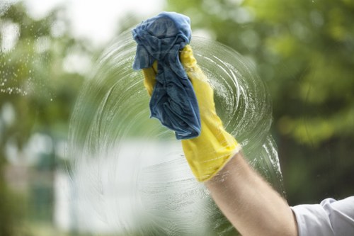 Cleaning team removing fine dust from windows and surfaces after renovation